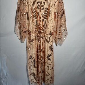 Beaded Sequin Sheer Kaftan Dress - Champagne Bronze